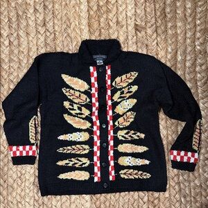 NEW South Cotton Black Knit Cardigan with Leaf Pattern Medium
